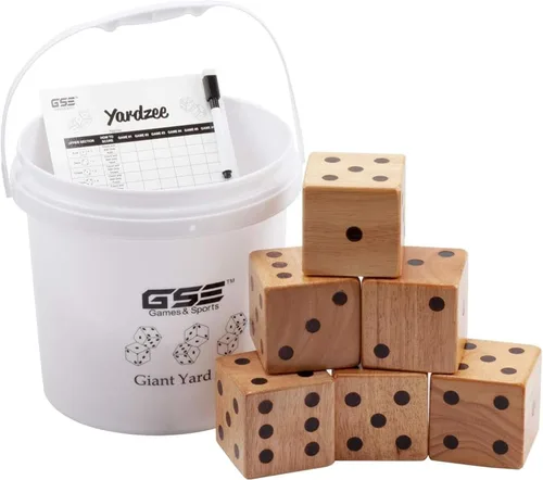 GSE Games & Sports Expert Juego de dados gigantes de roble prémium de 3.5 pulgadas con cubo y tarjeta de puntuación Yardzee y Farkle. Juego de