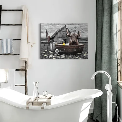 Miniatura 2 de Divertido arte de pared de vaca de las tierras altas, imágenes de baño, decoración de granja, 12 x 16 pulgadas enmarcado