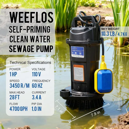 Miniatura 3 de Bomba de sumidero sumergible de 1.0 HP, bomba de agua automática con flujo alto de 4700 GPH, cabezal máximo de 18 pies, para eliminación de agua