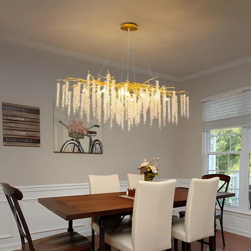 Miniatura 10 de Candelabro de Cristal Rama de Árbol Dorado Gota de Lluvia Redonda Lámpara Colgante con Borla Luminaria de Techo Colgante para Dormitorio Sala