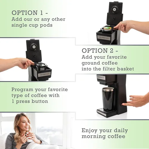 Miniatura 4 de Cafetera Mixpresso de una sola taza para café molido y compatible con cápsulas K Cup, con taza de viaje de 14 onzas y filtro reutilizable