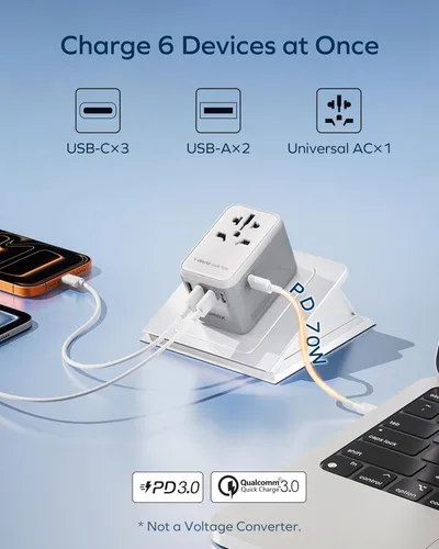 Miniatura 3 de MOMAX Adaptador de viaje universal 6 en 1, adaptador de corriente internacional GaN 70W, 3 USB-C PD de carga rápida y 2 USB-A QC, 1 AC, adaptador