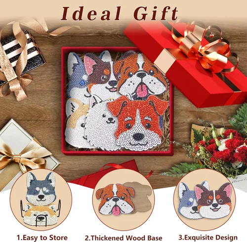 Miniatura 6 de 8 piezas de posavasos de pintura de diamantes en forma de perro para bebidas, kits de pintura de diamantes de perro DIY con soporte, posavasos