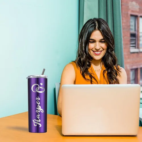Miniatura 7 de Vaso personalizado personalizado con nombre grabado y logotipo, vasos delgados personalizados con tapa y pajita, vaso aislado de acero inoxidable