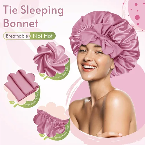 Miniatura 3 de Gorro de satén de seda para dormir con banda ancha para cabello rizado, color rosado oro rosa claro
