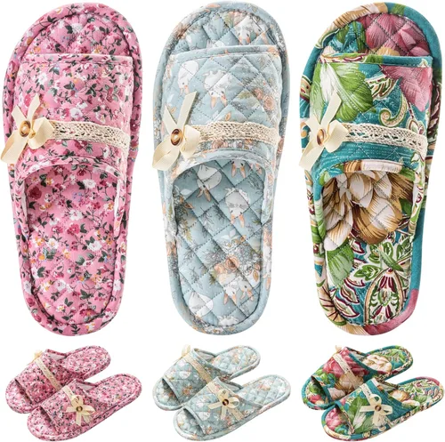 Miniatura 13 de 3 pares de zapatillas de casa florales de algodón para mujeres, zapatillas interiores de punta abierta cómodas lavables portátiles plegables