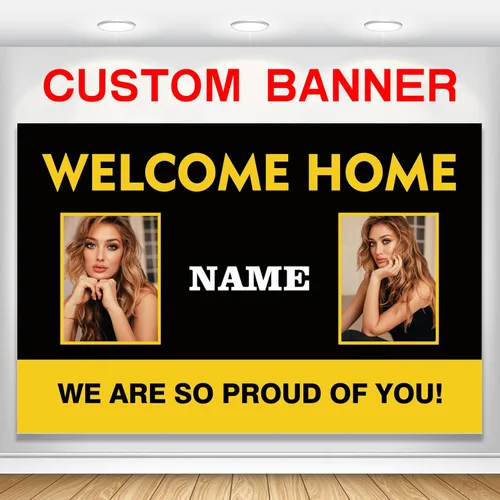 Miniatura 9 de Pancarta personalizada de bienvenida a casa, señal de bienvenida a casa en negro y oro para decoración exterior, suministros de fiesta de regreso