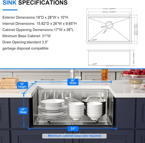 Miniatura 6 de Fregadero de cocina de 28 pulgadas con estación de trabajo, instalación por debajo de la encimera, de acero inoxidable de calibre 16, cuenco grande