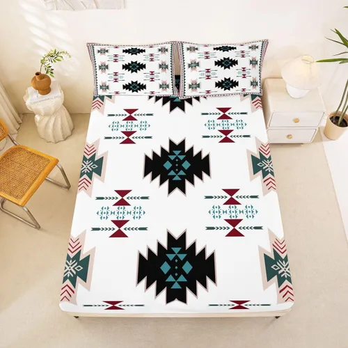 Miniatura 57 de Juego de ropa de cama occidental tamaño individual, sábanas aztecas, estilo nórdico exótico, bohemio, sábana bajera ajustable de tribu india