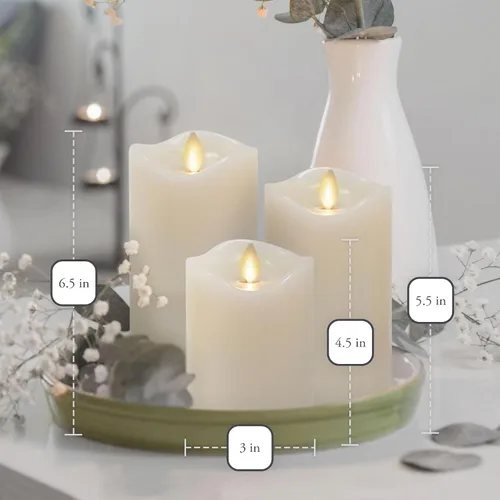 Miniatura 5 de Matchless Candle Co. de Luminara Juego de 3 (3" x 4.5", 5.5", 6.5") Vela sin llama LED parpadeante con pilas, llama móvil, pilar de cera, borde