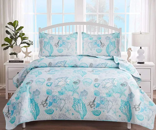Miniatura 10 de Hailea Edredón oceánico tamaño matrimonial/queen, ropa de cama costera ligera para verano, playa, colcha náutica, conchas de mar azul, sábana con 2