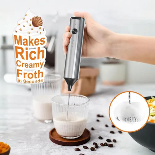 Miniatura 6 de SOUTHMAN Espumador de leche de mano con soporte de acero inoxidable, control de 3 velocidades, espumador de leche eléctrico recargable, batidor