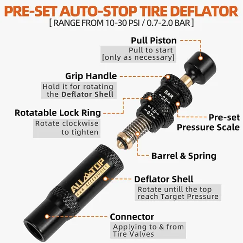 Miniatura 2 de ALL-TOP Kit de Válvula Deflactora de Neumáticos con Parada Automática Ajustable (10-30 PSI) 4 Piezas Herramienta Atornillable para Desinflar