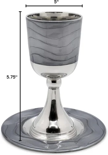 Miniatura 8 de Lujoso juego de copas de Kidush en caja de regalo - Níquel pulido y esmaltado (gris oscuro) Elegante copa de vino de 5.75" pulgadas y bandeja a