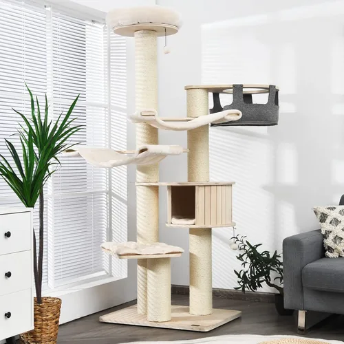 Miniatura 11 de Tangkula Árbol moderno para gatos, torre grande de varios niveles con condominio, hamacas y cesta colgante, árbol alto para gatos con postes