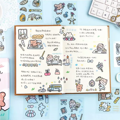 Miniatura 6 de Juego de calcomanías kawaii (100 hojas) - Lindas calcomanías transparentes de animales de dibujos animados y flores para álbum de recortes, Doudou