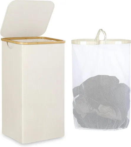 iEGrow Cesta de lavandería con tapa, cesta grande de lavandería de 110 litros con asa y tapa, organizador de ropa plegable con bolsa interior Beige