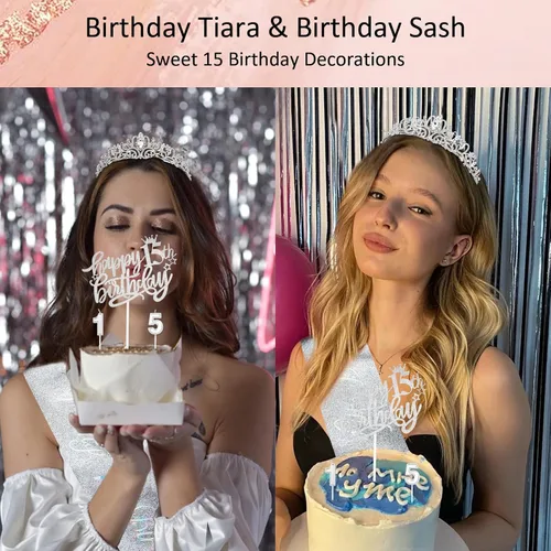 Miniatura 8 de Decoraciones de cumpleaños número 15 para niñas, incluyendo tiara de corona de diamantes de imitación, banda con purpurina, adorno para pastel