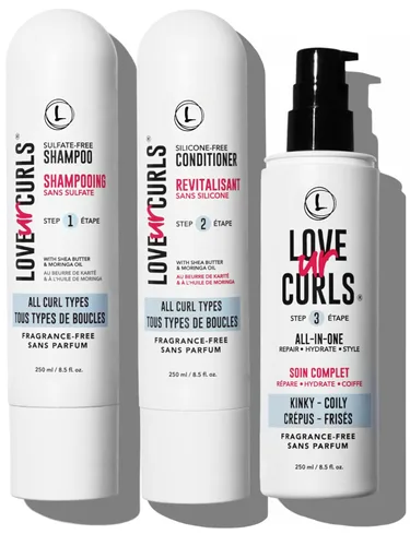 Love Ur Curls Juego de champú y acondicionador sin fragancia con rizador todo en uno para cabello rizado y rizado, sistema de 3 pasos para reparar,