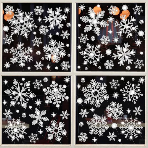 Miniatura 7 de Adhesivos de Copos de Nieve Dorados con Purpurina para Ventanas 147 PCS Copos de Nieve Brillantes para Ventanas Decoraciones de Paraíso Invernal Oro