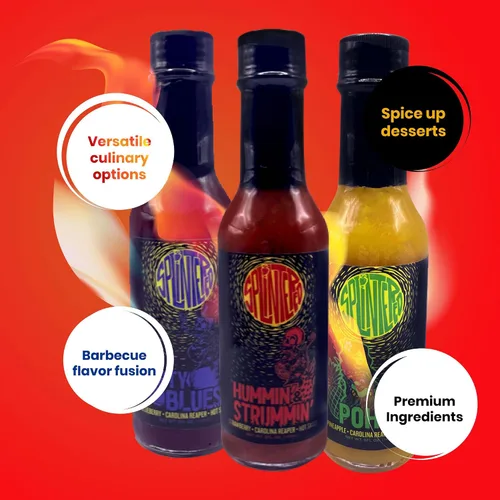 Miniatura 8 de The Splintered Sauce Hot Sauce Trio – Carolina Reaper Paquete variado con deliciosos maridajes de frutas, arándanos, fresas, piña, perfecto