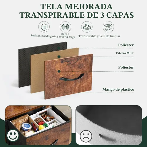 Miniatura 6 de Mesita de noche, cómoda pequeña de 2 cajones mesa auxiliar muebles de cabecera, contenedores de tela con superficie de madera para dormitorio, Marrón