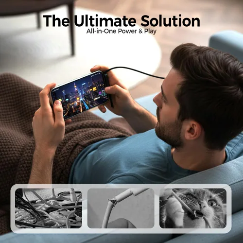 Miniatura 6 de Cable de carga rápida trenzado de 240 W con soporte para teléfono integrado, cable de carga USB-C a USB-C duradero en forma de T 2026, cable de negro