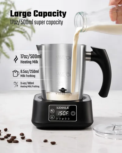 Miniatura 4 de KIDISLE Espumador de leche y vaporizador 5 en 1, jarra de acero inoxidable desmontable de 17 onzas, 4 temperaturas ajustables de 130 °F a 160 °F