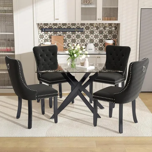 Juego de mesa de comedor de 51 pulgadas de vidrio para 4, mesa de cocina rectangular de vidrio con 4 sillas tapizadas con acentos de terciopelo,