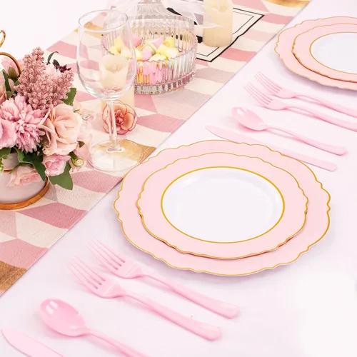 Miniatura 3 de WDF 160 piezas de cubiertos de plástico rosa - Cubiertos de plástico rosa resistentes incluye 80 tenedores, 40 cucharas, 40 cuchillos, utensilios