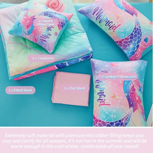 Miniatura 5 de RYNGHIPY Juego de ropa de cama tamaño matrimonial de sirena para niñas, colorido arco iris, juego de edredón con sábanas suaves y ligeras, 6 piezas