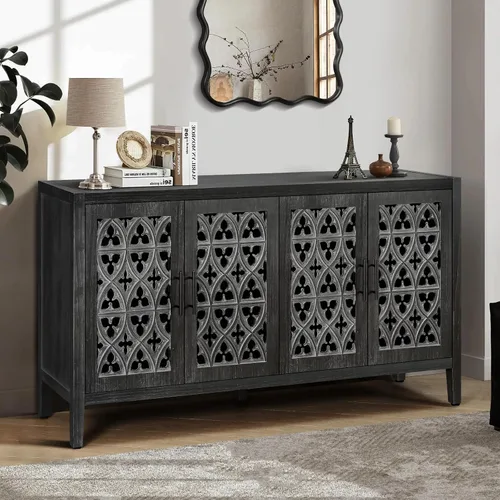 Miniatura 5 de Aparador de buffet Credenzas para sala de estar, mesa de entrada de 60 pulgadas con gabinete de almacenamiento, puertas huecas talladas, negro Azul