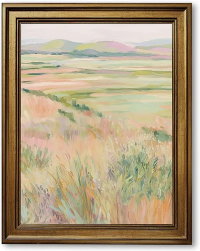 Framed Pastel Meadow Landscape Poster Canvas Print Art, Modern Wall Art Painting, Pictures, Minimalist Aesthetic Art Print, Elegant Wall Decor, Home