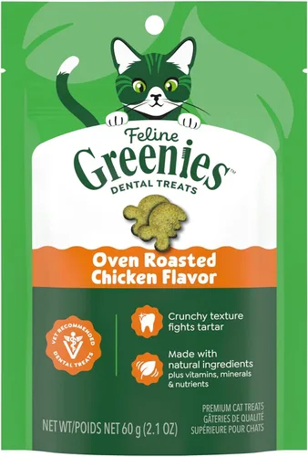 Greenies Golosinas dentales naturales para gatos adultos recomendadas por veterinarios felinos, sabor pollo asado al horno, bolsa de 2.1 onzas