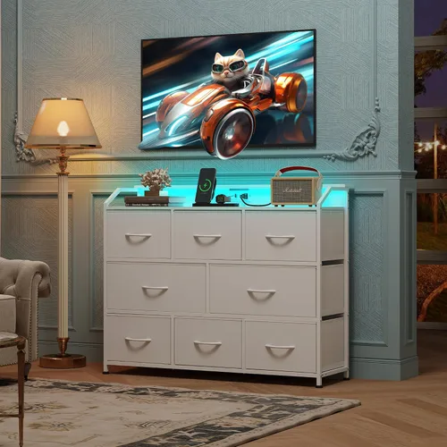 Miniatura 2 de WLIVE Cómoda LED para dormitorio, Cómoda Blanca Soporte de TV para Dormitorio con Luces LED y Toma de Corriente, Cómoda Ancha de Cajones para Blanco