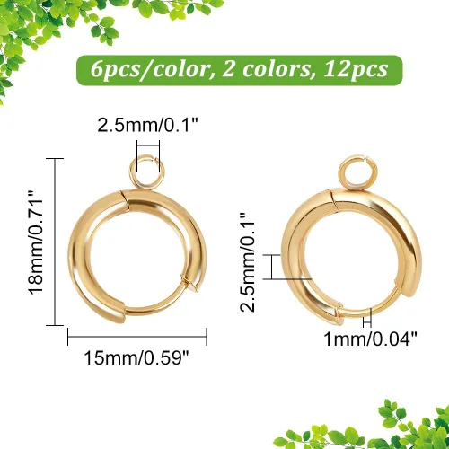 Miniatura 2 de UNICRAFTALE 12 piezas de 2 colores de 0.591 in de diámetro real chapado en oro de 24 quilates 201 de acero inoxidable 201 aretes de aro con bucles