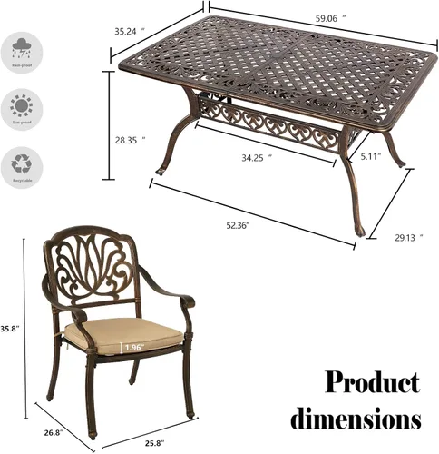 Miniatura 2 de TITIMO Juego de comedor de 7 piezas de aluminio fundido para patio, muebles de comedor al aire libre, juego de conversación de patio, mesa
