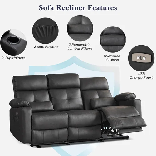Miniatura 7 de Sofá reclinable eléctrico con calor y masaje, sofá reclinable eléctrico con reposapiés extendido, sofá reclinable de 3 plazas con puertos USB