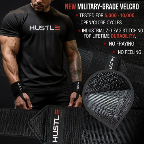 Miniatura 4 de Hustle Athletics Muñequeras para levantamiento de pesas, correas de soporte de muñeca de 12 pulgadas aprobadas por la USPA para prensa de banco