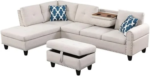 Devion Furniture Sofá seccional de tela de poliéster con otomana de almacenamiento elevable, diseño copetudo, en acabado beige