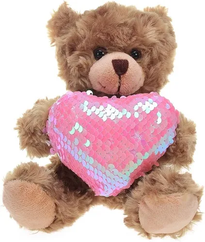 Plushland Oso de corazón moca de peluche, oso de peluche para niños y adultos, almohada de corazón bordada, marrón, 6 pulgadas (corazón rosa)