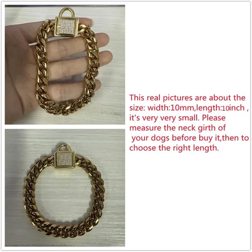 Miniatura 2 de Collar de cadena dorado para perro de 10mm de ancho, collar de eslabones cubanos para cachorros, acero inoxidable 316L con cierre de diamante CZ