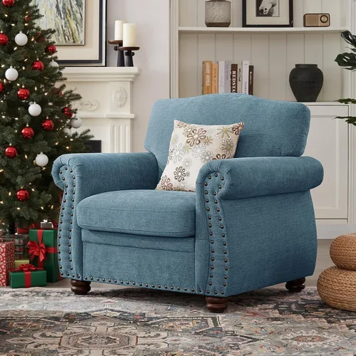 Miniatura 8 de ONBRILL Sillón con ribetes de tachuelas, silla decorativa con brazos curvos para sala de estar, cómoda silla de club de felpilla con cojines