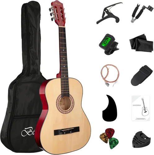 Guitarra acústica de madera de 38 pulgadas con kit de inicio, bolsa de viaje, afinador, púa de guitarra con juego para principiantes para niños y