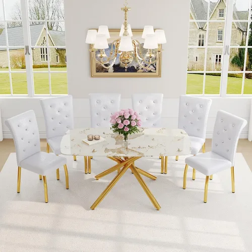 Miniatura 48 de Juego de mesa de comedor moderna para mesa de comedor negra de 4,63 pulgadas, juego de 4 con patas de metal dorado, mesa de cocina rectangular