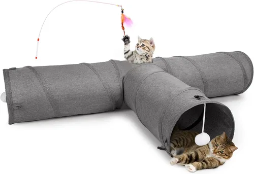 Ownpets Túnel para gatos, túnel plegable de 3 vías, tubo para gatos de 47 pulgadas de largo con bola de felpa y juguete de plumas, túnel de juego