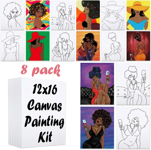 Miniatura 10 de Paquete de 8 lienzos predibujados para pintar para adultos, suministros para fiestas de pintar y beber, juego de pintura en lienzo para artistas