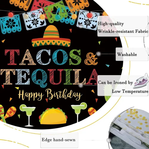 Miniatura 7 de Telón de fondo de fiesta mexicana de feliz cumpleaños, tacos y tequila, luces coloridas, fondo de fondo de cinco de mayo para fotos, fiesta