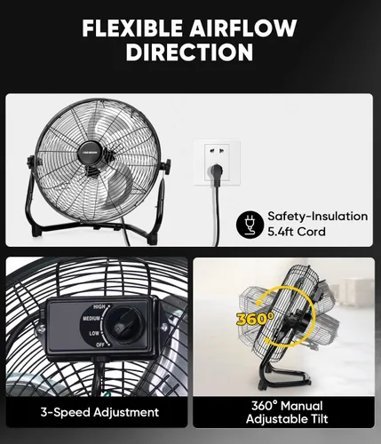 Miniatura 6 de KEN BROWN - Ventilador de piso de alta velocidad de 14 pulgadas, 3 velocidades, 360 °, ajustable, inclinable, potente flujo de aire para el hogar