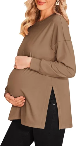 Ekouaer Camisas de maternidad para mujer, manga larga, con abertura lateral, camiseta de embarazo, blusa tipo túnica, ropa casual para mamá